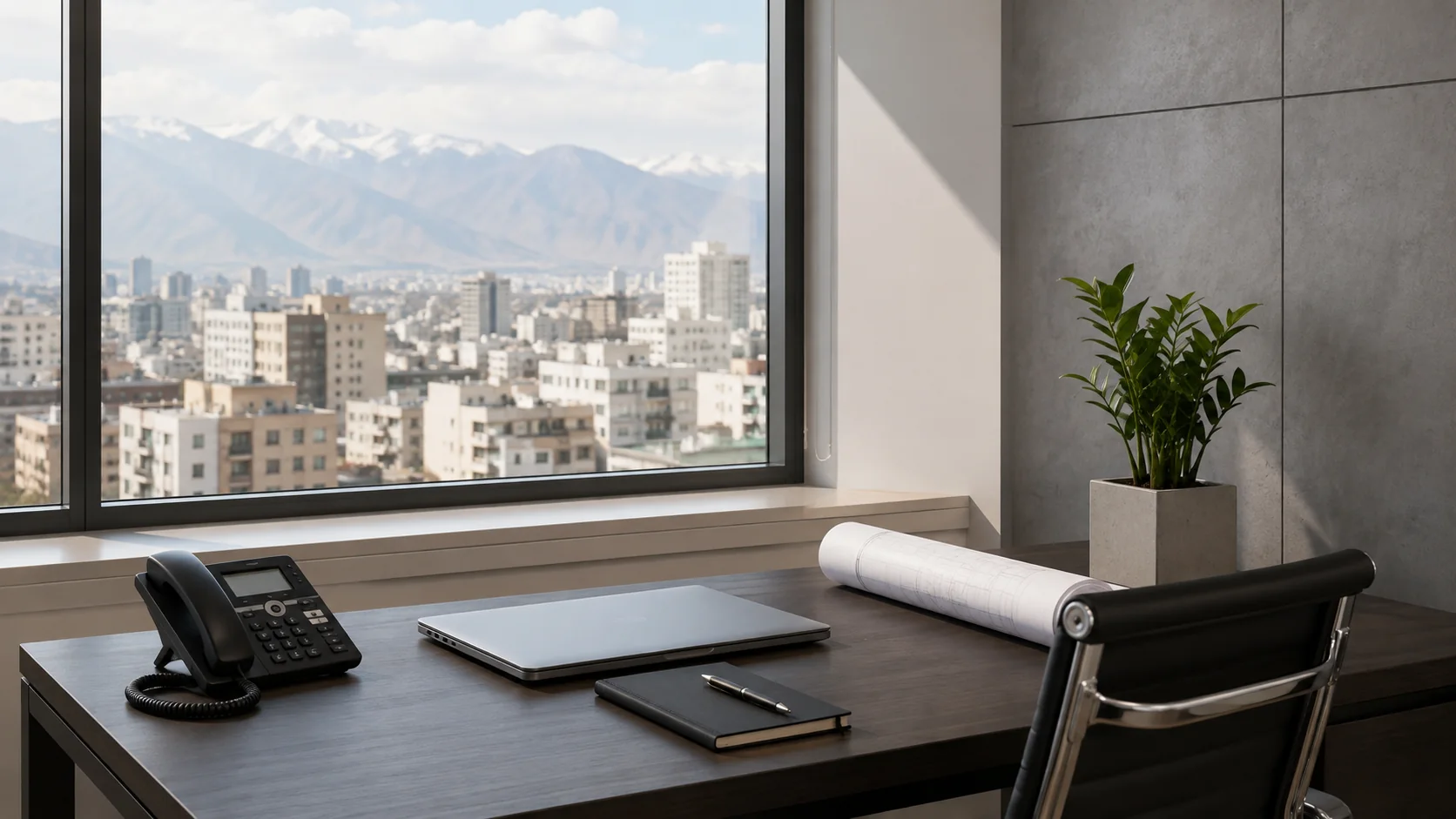 فضای کاری مهندسی در تهران با تلفن، لپ‌تاپ و نقشه