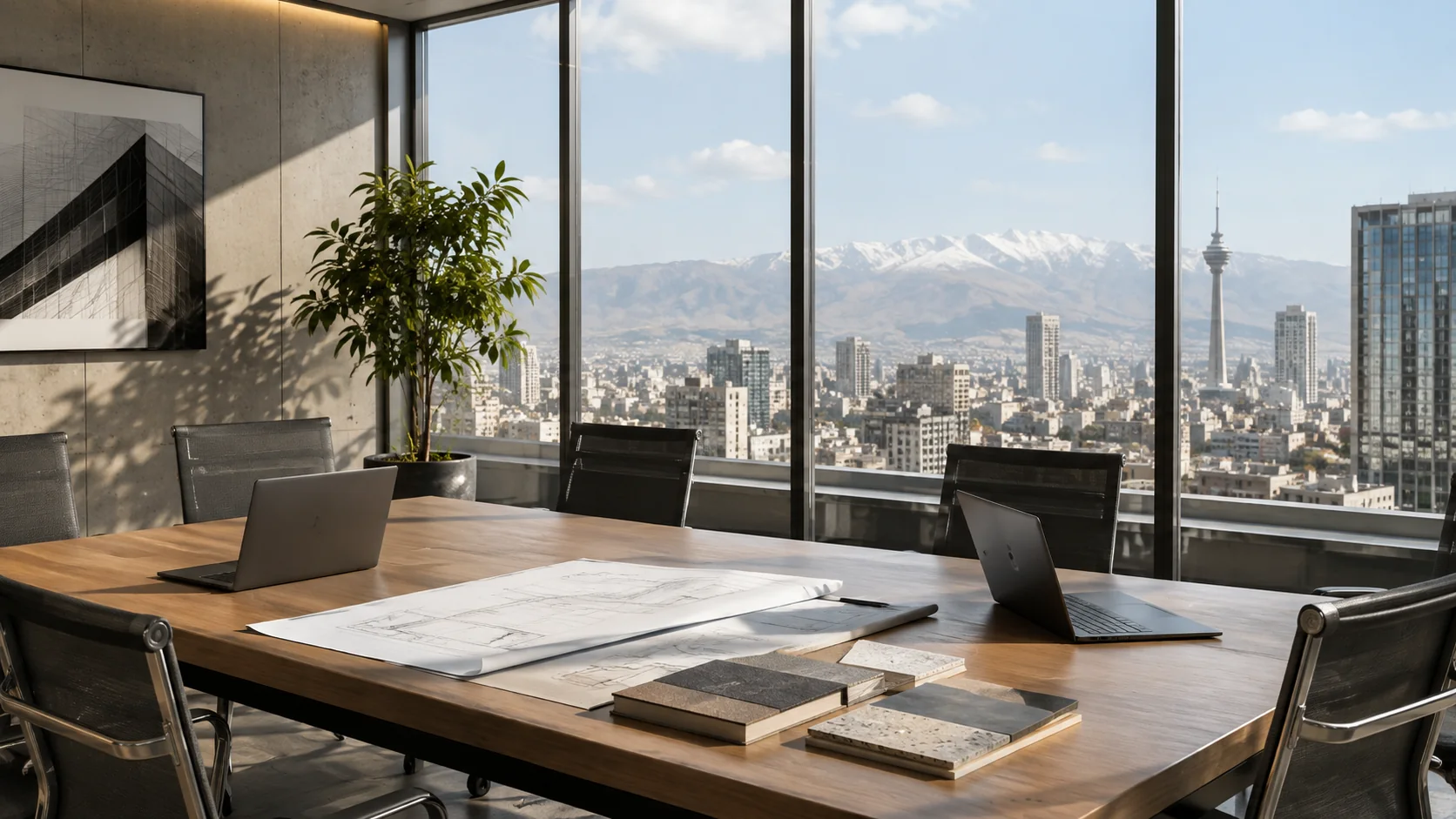 اتاق جلسه مهندسی در تهران با نقشهها، لپتاپ و نمونه مصالح